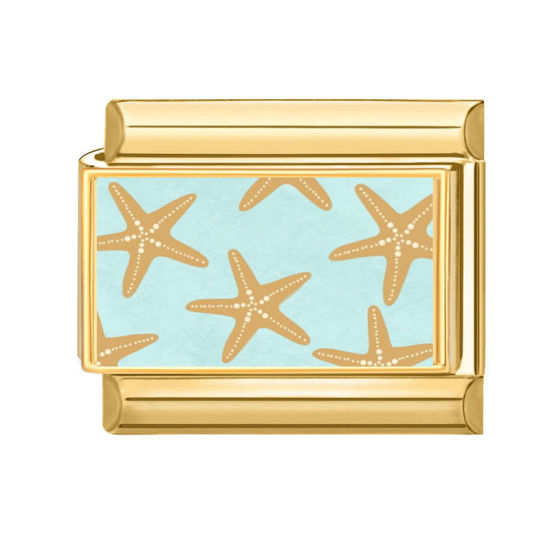 Picture of 1 Piece 304 Stainless Steel Ocean Jewelry Italian Charm Links For DIY Bracelet Jewelry Making Wholesale Gold Plated Mint Green Rectangle Star Fish 10mm x 9mm