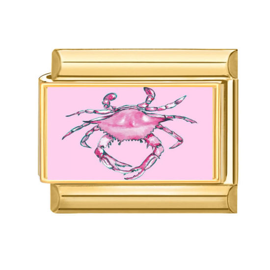 Picture of 1 Piece 304 Stainless Steel Ocean Jewelry Italian Charm Links For DIY Bracelet Jewelry Making Wholesale Gold Plated Pink Rectangle Crab 10mm x 9mm