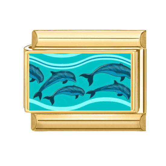Picture of 1 Piece 304 Stainless Steel Ocean Jewelry Italian Charm Links For DIY Bracelet Jewelry Making Wholesale Gold Plated Green Rectangle Whale Animal 10mm x 9mm