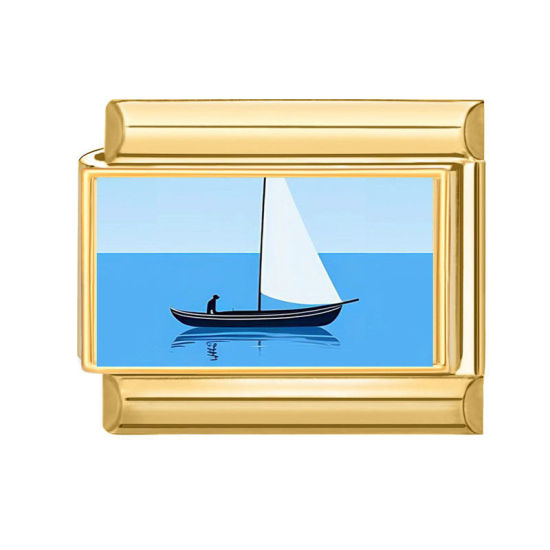 Picture of 1 Piece 304 Stainless Steel Ocean Jewelry Italian Charm Links For DIY Bracelet Jewelry Making Wholesale Gold Plated Blue Rectangle Sailing Boat 10mm x 9mm