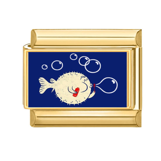 Picture of 1 Piece 304 Stainless Steel Ocean Jewelry Italian Charm Links For DIY Bracelet Jewelry Making Wholesale Gold Plated Dark Blue Rectangle Puffer Fish 10mm x 9mm