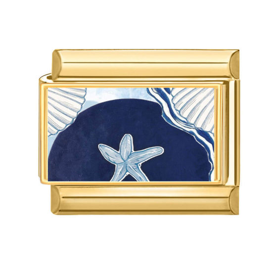 Picture of 1 Piece 304 Stainless Steel Ocean Jewelry Italian Charm Links For DIY Bracelet Jewelry Making Wholesale Gold Plated Dark Blue Rectangle Star Fish 10mm x 9mm