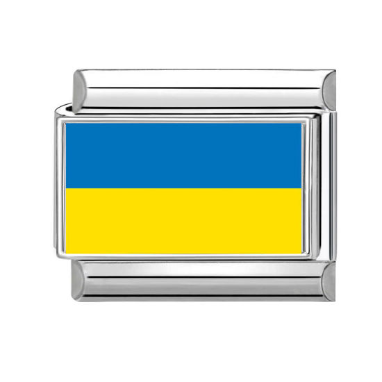 Picture of 1 Piece 304 Stainless Steel Italian Charm Links For DIY Bracelet Jewelry Making Wholesale Silver Tone Yellow & Blue Rectangle Ukraine Flag 10mm x 9mm