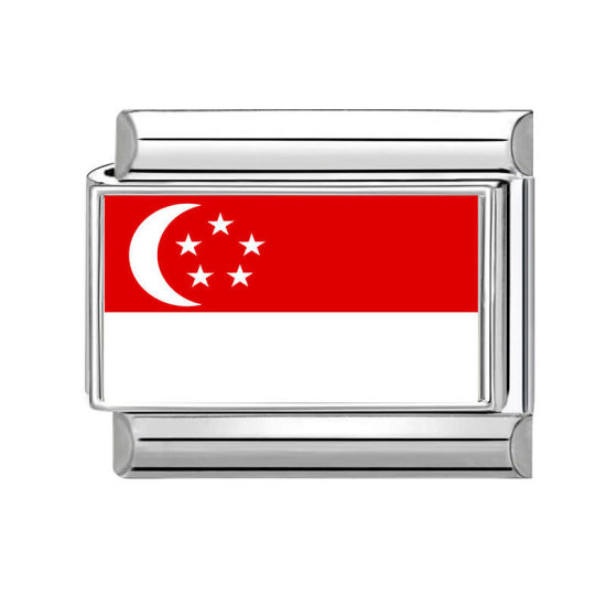 Picture of 1 Piece 304 Stainless Steel Italian Charm Links For DIY Bracelet Jewelry Making Wholesale Silver Tone Red Rectangle Singapore Flag 10mm x 9mm