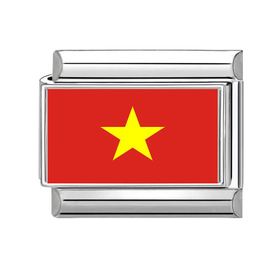 Picture of 1 Piece 304 Stainless Steel Italian Charm Links For DIY Bracelet Jewelry Making Wholesale Silver Tone Red Rectangle Vietnam Flag 10mm x 9mm