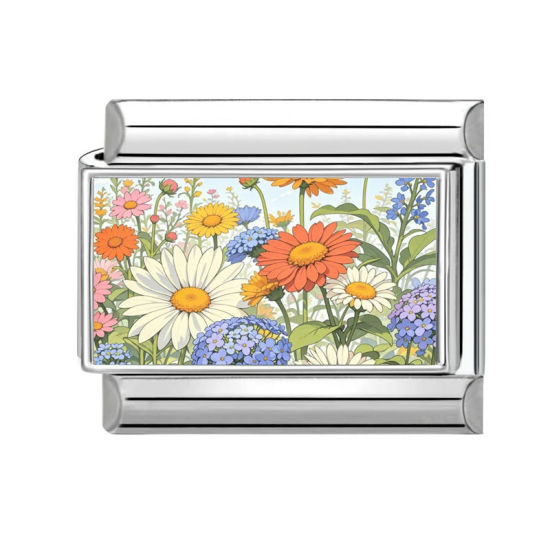 Picture of 1 Piece 304 Stainless Steel Stylish Italian Charm Links For DIY Bracelet Jewelry Making Wholesale Silver Tone Multicolor Rectangle Flower 10mm x 9mm