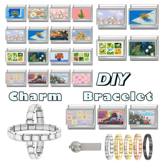 Picture of 1 Piece 304 Stainless Steel Stylish Italian Charm Links For DIY Bracelet Jewelry Making Wholesale Silver Tone Multicolor Rectangle Flower 10mm x 9mm