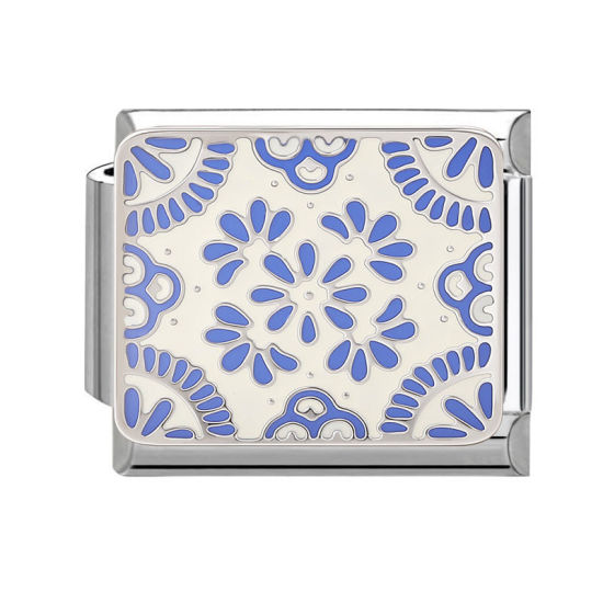 Picture of 1 Piece 304 Stainless Steel Stylish Italian Charm Links For DIY Bracelet Jewelry Making Wholesale Silver Tone Blue Rectangle Flower 10mm x 9mm