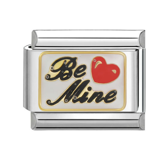 Picture of 1 Piece 304 Stainless Steel Stylish Italian Charm Links For DIY Bracelet Jewelry Making Wholesale Silver Tone Red Rectangle Heart Message " BE MINE " 10mm x 9mm