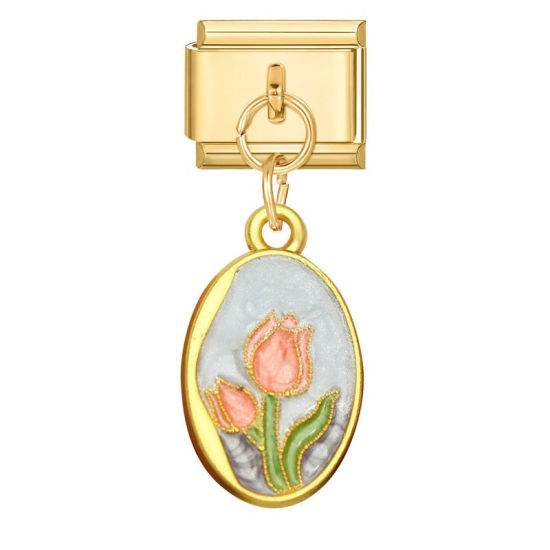 Image de 1 Pièce Maillons de Charme Italiens pour la Fabrication de Bijoux de Montres-Bracelets Modulables à Faire Soi-Même En Gros Élégant en 304 Acier Inoxydable Doré en Rose Rectangle Fleurs Alliage de Zinc Pendentif 10mm x 9mm
