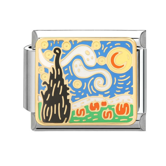 Picture of 1 Piece 304 Stainless Steel Stylish Italian Charm Links For DIY Bracelet Jewelry Making Wholesale Silver Tone Multicolor Rectangle Natural Scenery 10mm x 9mm
