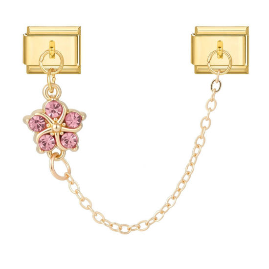 Image de 1 Pièce Chaîne Connectée à Maillons Doubles Italian Charm pour la Fabrication de Bijoux-Montres et Bracelets Modulaires DIY En Gros Élégant en 304 Acier Inoxydable Doré Fleur à Strass Rose Alliage de Zinc Pendentif 10mm x 9mm