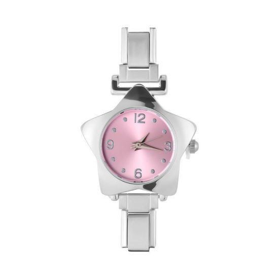 Picture of 1 Piece 304 Stainless Steel Stylish Italian Charm Links Watch Face For DIY Jewelry Making, Pentagram Star Pink Silver Tone - Wholesale, 5.7cm x 2.5cm