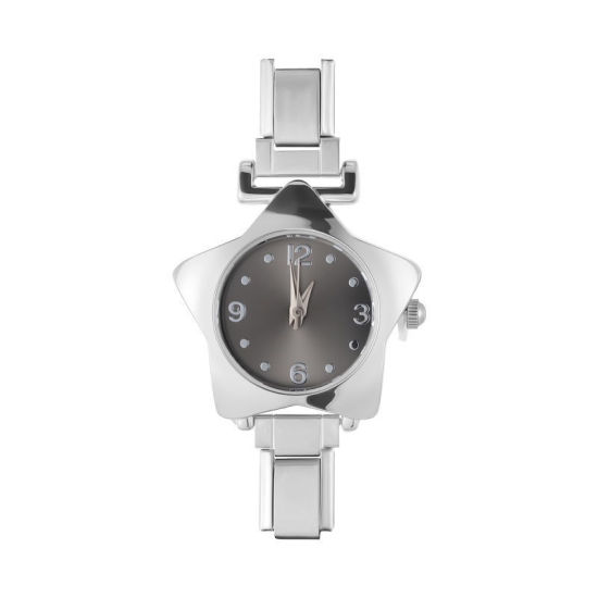 Picture of 1 Piece 304 Stainless Steel Stylish Italian Charm Links Watch Face For DIY Jewelry Making, Pentagram Star Black Silver Tone - Wholesale, 5.7cm x 2.5cm