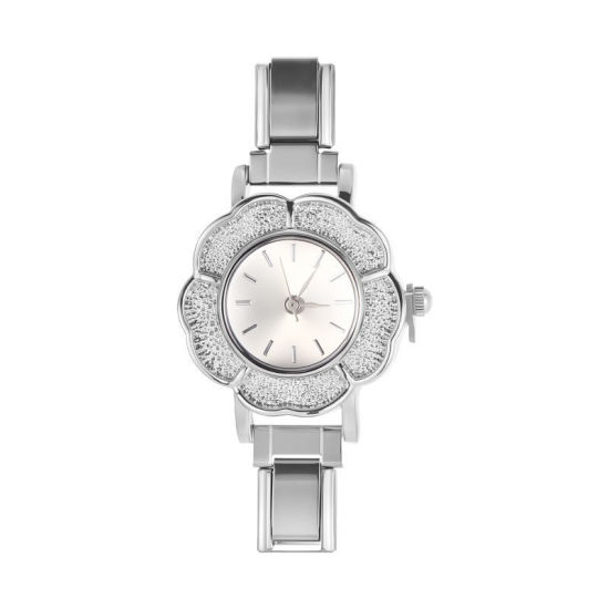 Picture of 1 Piece 304 Stainless Steel Stylish Italian Charm Links Watch Face For DIY Jewelry Making, Flower White Silver Tone - Wholesale, 5.7cm x 2.6cm