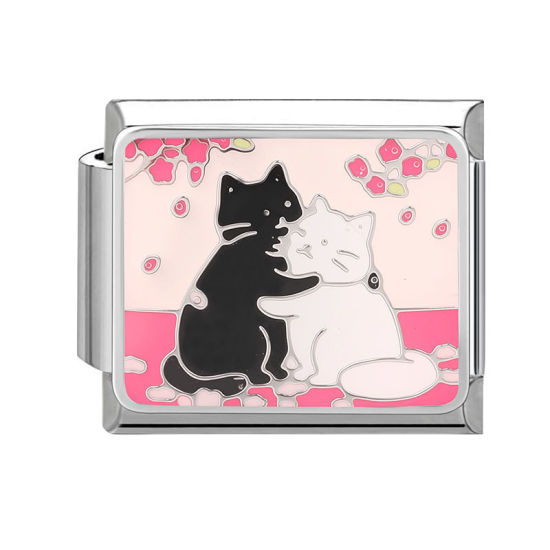 Picture of 1 Piece 304 Stainless Steel Stylish Italian Charm Links For DIY Bracelet Jewelry Making Wholesale Silver Tone Pink Rectangle Cat 10mm x 9mm