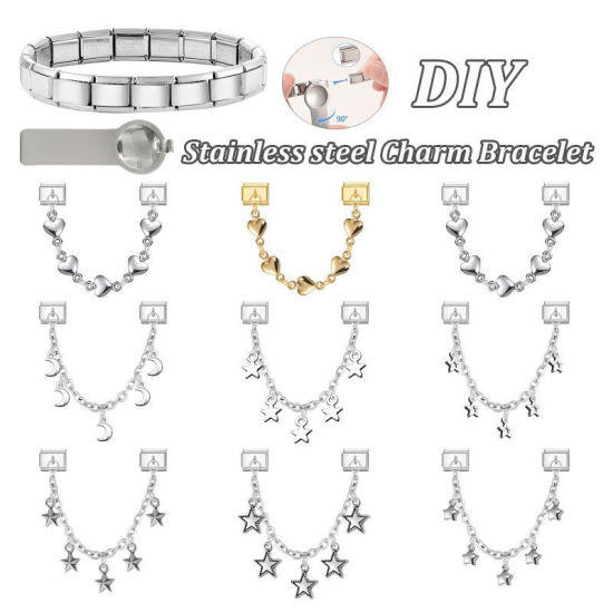 Image de 1 Pièce Chaîne Connectée à Maillons Doubles Italian Charm pour la Fabrication de Bijoux-Montres et Bracelets Modulaires DIY En Gros La Saint Valentin en 304 Acier Inoxydable Doré Cœur Alliage de Zinc Pendentif 10mm x 9mm