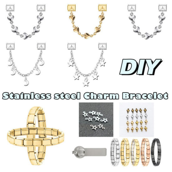 Image de 1 Pièce Chaîne Connectée à Maillons Doubles Italian Charm pour la Fabrication de Bijoux-Montres et Bracelets Modulaires DIY En Gros La Saint Valentin en 304 Acier Inoxydable Doré Cœur Alliage de Zinc Pendentif 10mm x 9mm