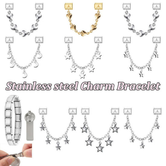 Image de 1 Pièce Chaîne Connectée à Maillons Doubles Italian Charm pour la Fabrication de Bijoux-Montres et Bracelets Modulaires DIY En Gros La Saint Valentin en 304 Acier Inoxydable Doré Cœur Alliage de Zinc Pendentif 10mm x 9mm