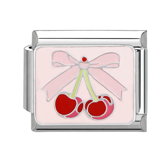 Picture of 1 Piece 304 Stainless Steel Stylish Italian Charm Links For DIY Bracelet Jewelry Making Wholesale Silver Tone Pink Rectangle Cherry Fruit 10mm x 9mm