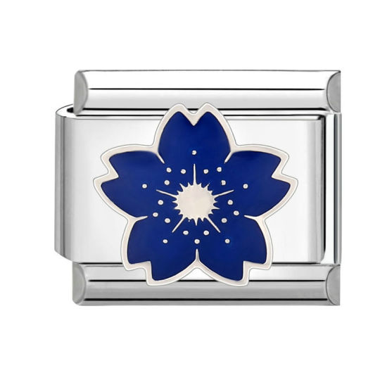 Picture of 1 Piece 304 Stainless Steel Stylish Italian Charm Links For DIY Bracelet Jewelry Making Wholesale Silver Tone Dark Blue Rectangle Flower 10mm x 9mm