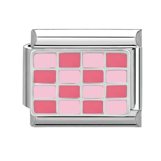 Picture of 1 Piece 304 Stainless Steel Stylish Italian Charm Links For DIY Bracelet Jewelry Making Wholesale Silver Tone Pink Rectangle Grid Checker 10mm x 9mm