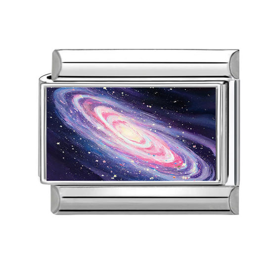 Picture of 1 Piece 304 Stainless Steel Stylish Italian Charm Links For DIY Bracelet Jewelry Making Wholesale Silver Tone Dark Blue Rectangle Galaxy Universe 10mm x 9mm