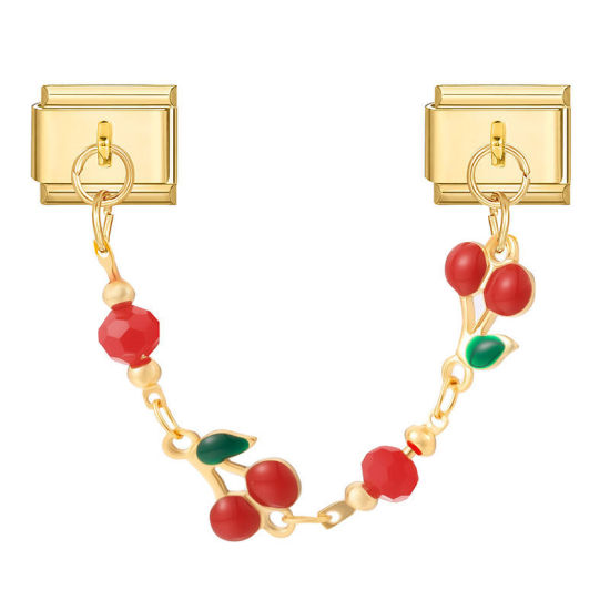 Image de 1 Pièce Chaîne Connectée à Maillons Doubles Italian Charm pour la Fabrication de Bijoux-Montres et Bracelets Modulaires DIY En Gros Élégant en 304 Acier Inoxydable Doré en Rouge Émail Cerise Alliage de Zinc Pendentif 10mm x 9mm