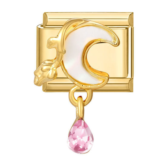 Image de 1 Pièce Maillons de Charme Italiens pour la Fabrication de Bijoux de Montres-Bracelets Modulables à Faire Soi-Même En Gros Élégant en 304 Acier Inoxydable Doré Rectangle Lune à Strass Rose 10mm x 9mm