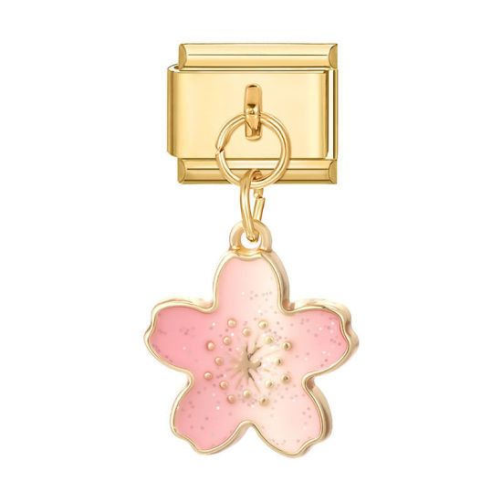Image de 1 Pièce Maillons de Charme Italiens pour la Fabrication de Bijoux de Montres-Bracelets Modulables à Faire Soi-Même En Gros Élégant en 304 Acier Inoxydable Doré en Rose Émail Fleur Alliage de Zinc Pendentif 10mm x 9mm