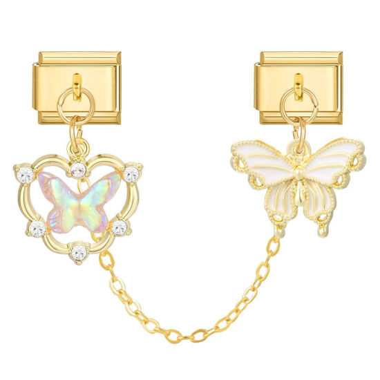 Image de 1 Pièce Chaîne Connectée à Maillons Doubles Italian Charm pour la Fabrication de Bijoux-Montres et Bracelets Modulaires DIY En Gros Élégant en 304 Acier Inoxydable Doré Papillon Alliage de Zinc Pendentif 10mm x 9mm