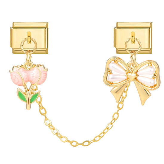 Image de 1 Pièce Chaîne Connectée à Maillons Doubles Italian Charm pour la Fabrication de Bijoux-Montres et Bracelets Modulaires DIY En Gros Élégant en 304 Acier Inoxydable Doré en Rose Nœuds Papillon Alliage de Zinc Pendentif 10mm x 9mm