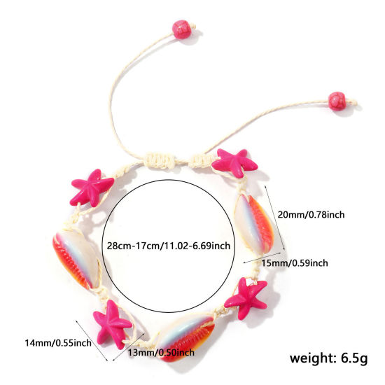 1 本 ポリエステル & レジン 海ジュエリー 編組ブレスレット フクシア色 ヒトデ シェル 調整可能 28cm - 17cm長さ、 の画像