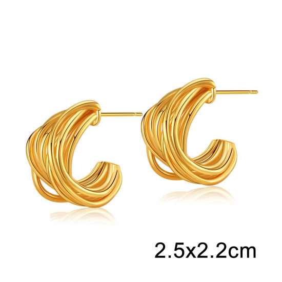 Imagen de Hipoalergénico Retro Sencillo 18K Oro Real Chapado Latón Raya Aretes de Aro Para Mujeres Fiesta 2cm, 1 Par