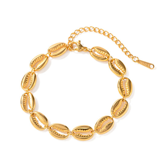Image de Placage Sous Vide Écologique Simple & Décontracté Bracelets Chaînes Élégant en 304 Acier Inoxydable Plaqué Or Véritable 18K Coquille Pour Femmes 16cm long, 1 Pièce