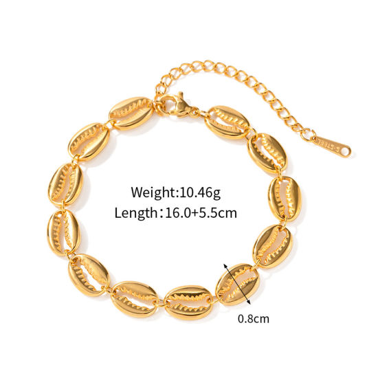 Image de Placage Sous Vide Écologique Simple & Décontracté Bracelets Chaînes Élégant en 304 Acier Inoxydable Plaqué Or Véritable 18K Coquille Pour Femmes 16cm long, 1 Pièce
