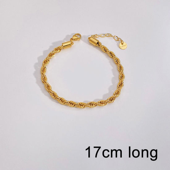 Image de Bracelets En Gros Plaqué Or Véritable 18K en 304 Acier Inoxydable, Chaîne Maille Torsade Placage Sous Vide PVD Écologique Imperméable Anti-ternissement Hypoallergénique, Unisexe Élégant Minimaliste Cadeau Fournitures de Bijoux 17cm long, 1 Pièce