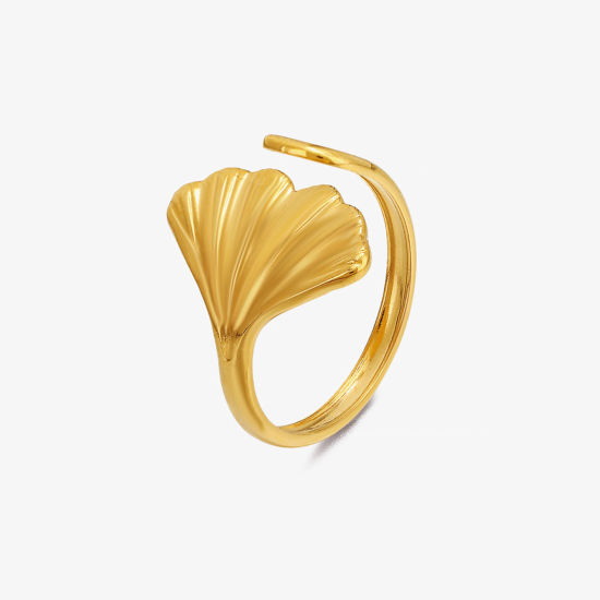Image de Placage Sous Vide Écologique Pastorale Naturelle Bagues Ouvert Rétro en 304 Acier Inoxydable Plaqué Or 18K Feuille de Ginkgo Pour Femmes Fête 17mm (Taille d'US 6.5), 1 Pièce