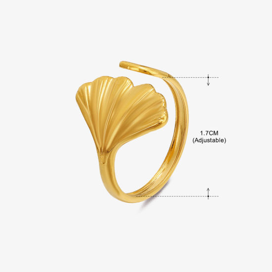 Image de Placage Sous Vide Écologique Pastorale Naturelle Bagues Ouvert Rétro en 304 Acier Inoxydable Plaqué Or 18K Feuille de Ginkgo Pour Femmes Fête 17mm (Taille d'US 6.5), 1 Pièce