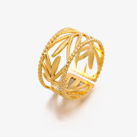 Image de Placage Sous Vide Écologique Pastorale Naturelle Bagues Ouvert Rétro en 304 Acier Inoxydable Plaqué Or 18K Feuilles Pour Femmes Fête 17mm (Taille d'US 6.5), 1 Pièce