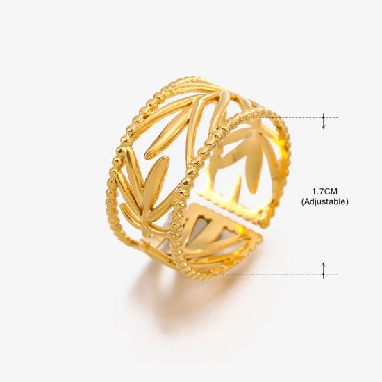 Image de Placage Sous Vide Écologique Pastorale Naturelle Bagues Ouvert Rétro en 304 Acier Inoxydable Plaqué Or 18K Feuilles Pour Femmes Fête 17mm (Taille d'US 6.5), 1 Pièce