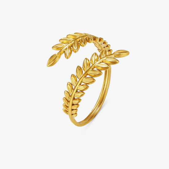 Image de Placage Sous Vide Écologique Pastorale Naturelle Bagues Ouvert Rétro en 304 Acier Inoxydable Plaqué Or 18K Feuilles Pour Femmes Fête 17mm (Taille d'US 6.5), 1 Pièce