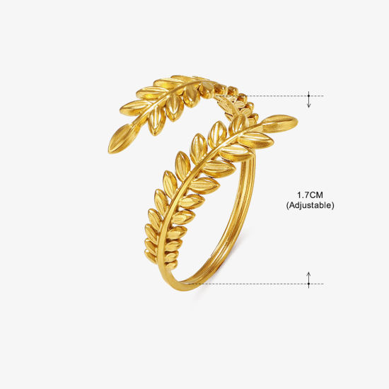 Image de Placage Sous Vide Écologique Pastorale Naturelle Bagues Ouvert Rétro en 304 Acier Inoxydable Plaqué Or 18K Feuilles Pour Femmes Fête 17mm (Taille d'US 6.5), 1 Pièce