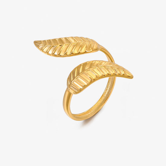 Image de Placage Sous Vide Écologique Pastorale Naturelle Bagues Ouvert Rétro en 304 Acier Inoxydable Plaqué Or 18K Feuilles Pour Femmes Fête 17mm (Taille d'US 6.5), 1 Pièce
