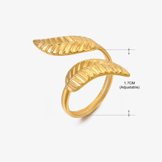 Image de Placage Sous Vide Écologique Pastorale Naturelle Bagues Ouvert Rétro en 304 Acier Inoxydable Plaqué Or 18K Feuilles Pour Femmes Fête 17mm (Taille d'US 6.5), 1 Pièce
