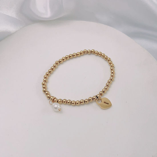 Image de Respectueux de la Nature Élégant Bracelets à Breloques Simple en 304 Acier Inoxydable & Perle Naturelle Plaqué Or 18K Serrure Elastique Pour Femmes Anniversaire 18cm long, 1 Pièce