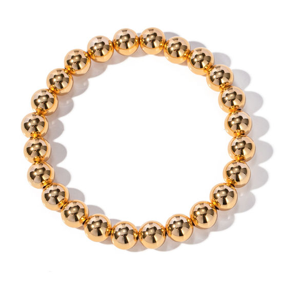 Image de Placage Sous Vide Écologique À la Mode Bracelets Raffinés Bracelets Délicats Bracelet de Perles Simple en Laiton Plaqué Or Véritable 18K Balle Elastique Unisexe Fête 16cm long, 1 Pièce