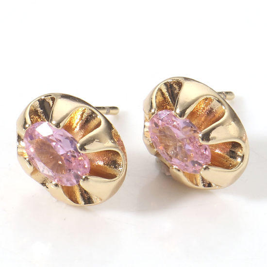 Image de 2 Pcs Placage Sous Vide Écologique À la Mode Boucles d'Oreilles Puces Pierres de Naissance en Laiton & Zirconia Cubique Ovale Plaqué Or Véritable 18K Rose Anniversaire Pour Femmes 10mm x 8mm