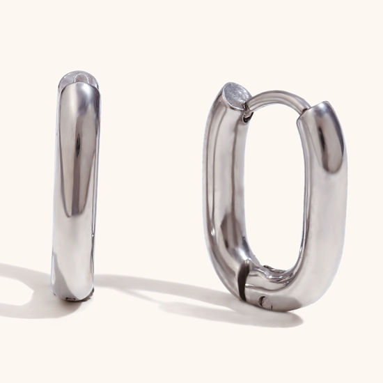 Picture of 1 Pair Eco-friendly Vacuum Plating Stylish Geometric Real Platinum Plated 316L Stainless Steel Oval Hoop Earrings For Women 15.5mm x 11.5mm