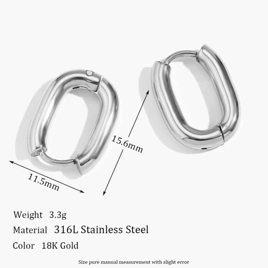 Picture of 1 Pair Eco-friendly Vacuum Plating Stylish Geometric Real Platinum Plated 316L Stainless Steel Oval Hoop Earrings For Women 15.5mm x 11.5mm
